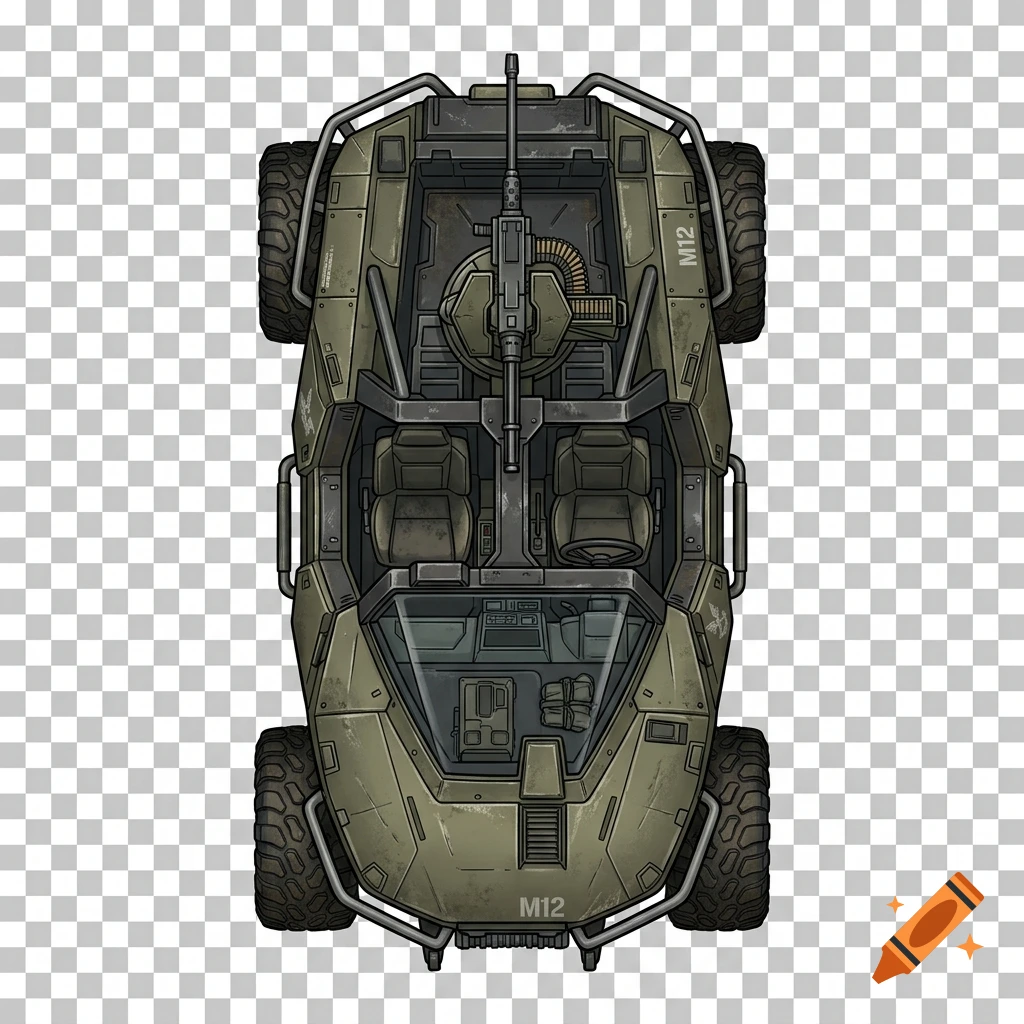 Top-down view of a green military sci-fi vehicle with a mounted turret on a transparent background, TTRPG token style.