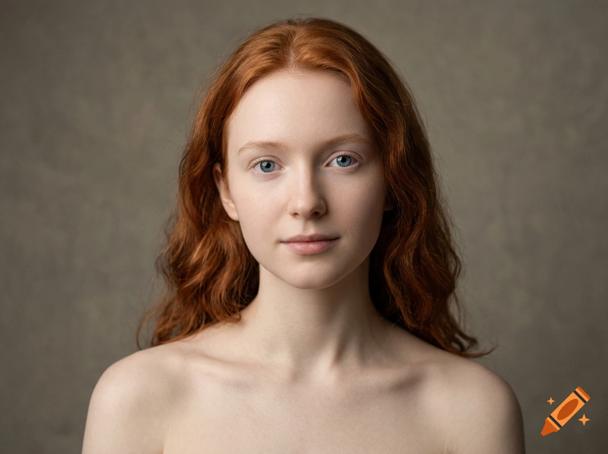 Photorealistic studio portrait of a young woman with pale skin, bright blue eyes, and shoulder-length red hair.