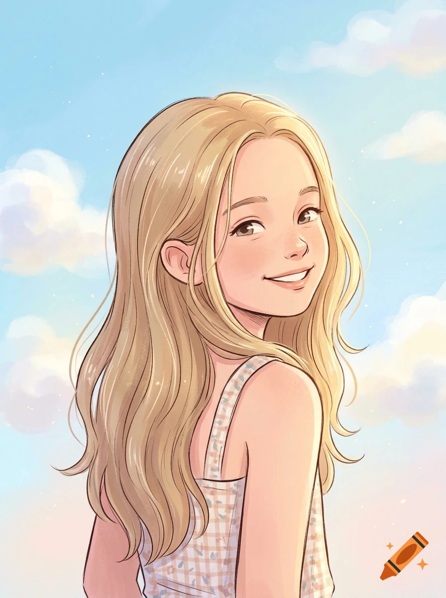 Digital illustration of a smiling blonde girl looking back over her shoulder against a blue sky with clouds.