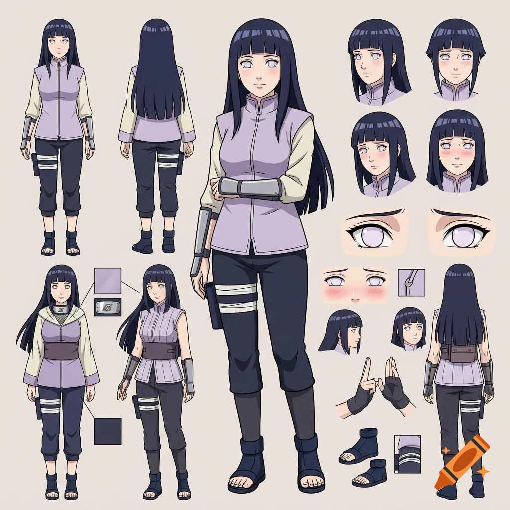 An anime character design sheet showing full-body views, facial expressions, and close-ups of specific details from different angles.