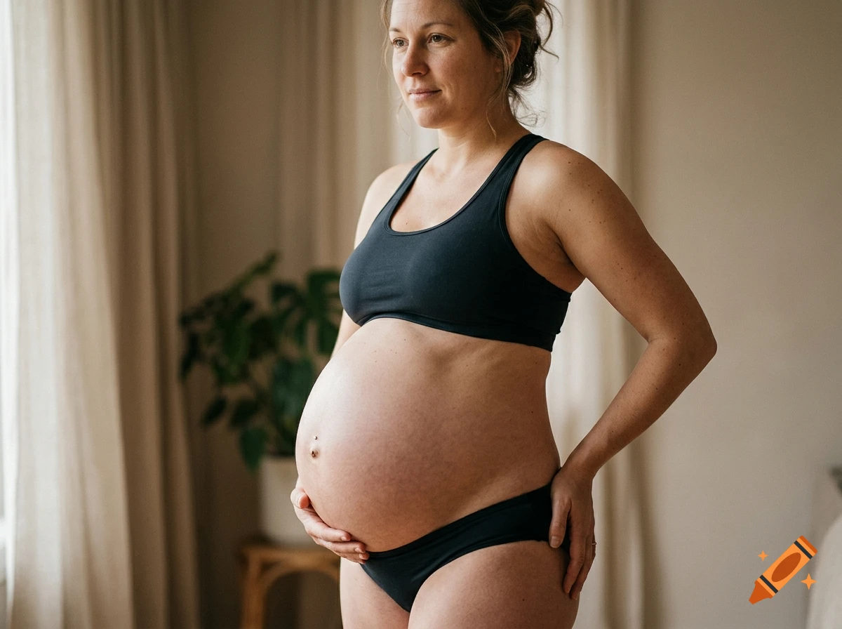 Photorealistic medium shot of a pregnant woman in a black sports bra and underwear holding her belly.