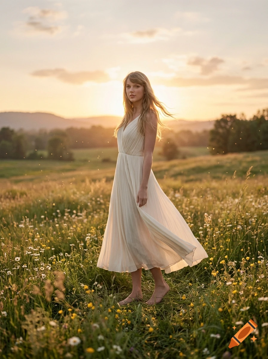 Photorealistic portrait of a woman standing barefoot in a sunlit meadow of wildflowers during sunset.