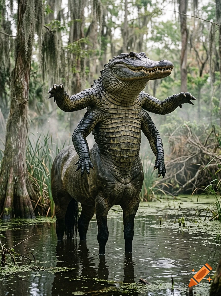 Photorealistic image of a six-armed alligator centaur standing in a swamp with cypress trees.