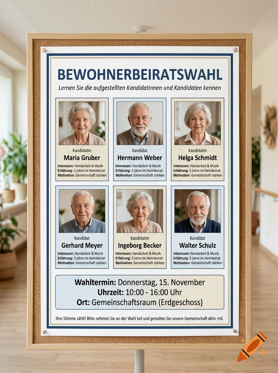 A poster on a bulletin board announcing a residents' council election in a senior residence, featuring candidate portraits and text in German.