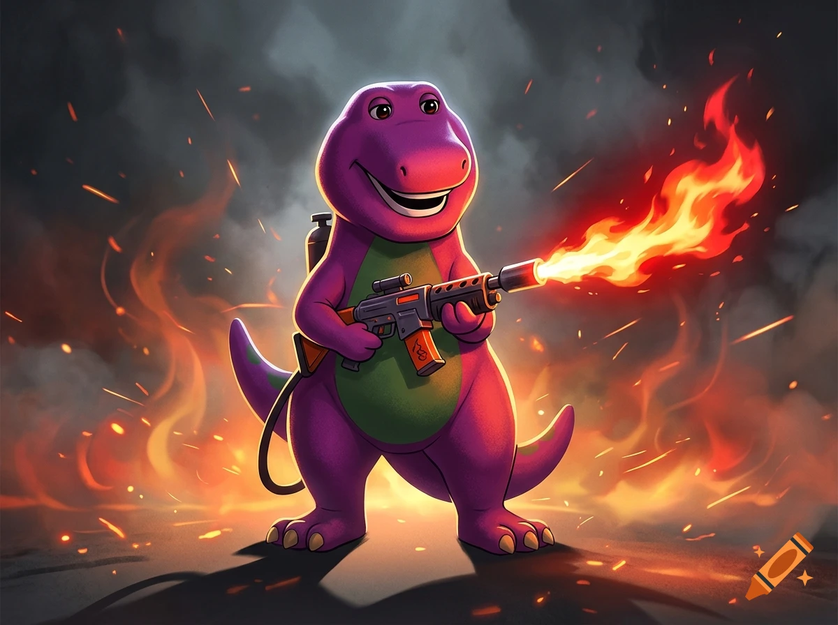 Digital illustration of Barney the purple dinosaur holding a flamethrower amidst fire and smoke.