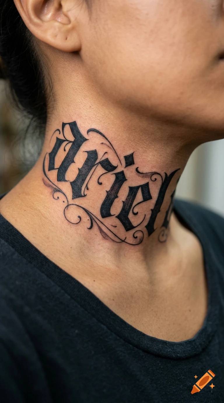 Close-up of a person's neck with a black gothic lettering tattoo reading 'ariel', photorealistic style.