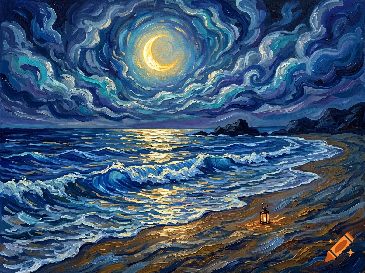 An oil painting in Van Gogh style showing a glowing crescent moon and swirling clouds over a dark ocean and sandy beach, with a small lantern.