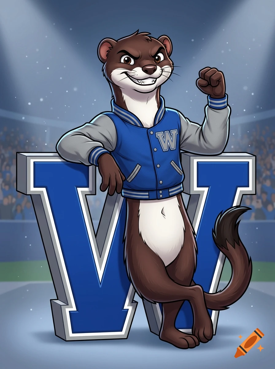 Cartoon mascot of a college football weasel leaning against a large letter W, digital illustration.