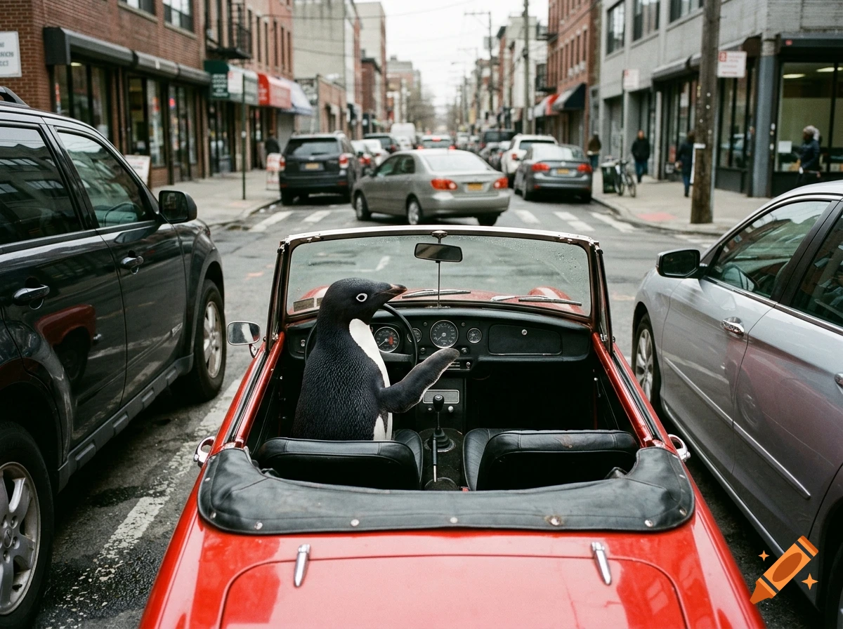 A penguin drives a red convertible car down a city street lined with parked cars and moving traffic.