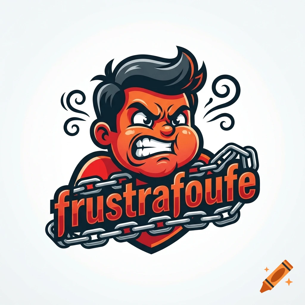 Vector logo illustration of an angry red-faced character with dark hair behind a chain with the text frustrafoufe