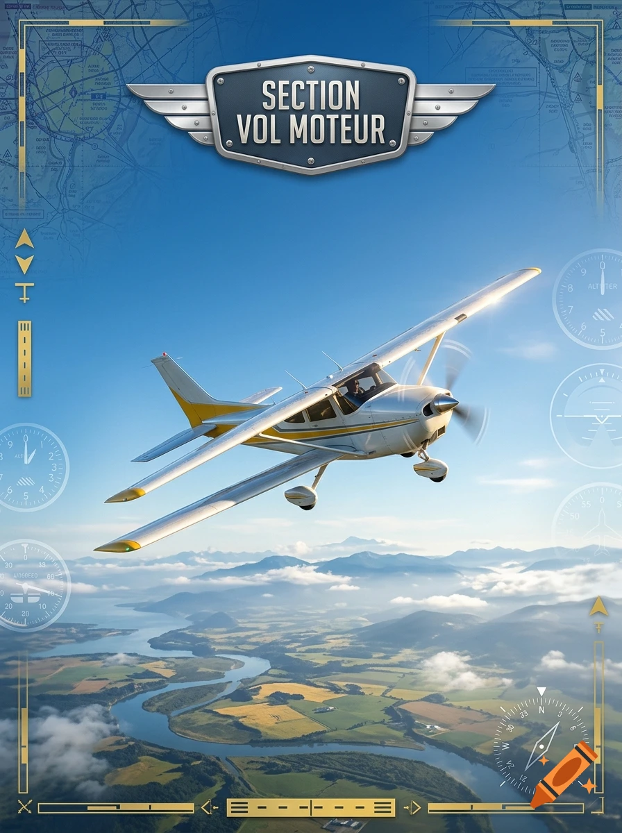 VFR aviation poster featuring a single-engine propeller airplane flying over a river and mountainous landscape.