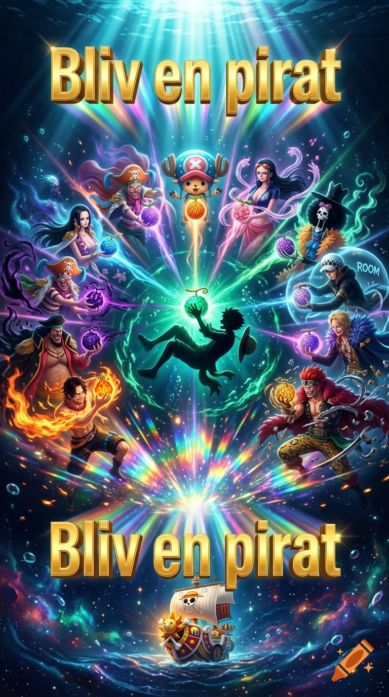 Cinematic vertical anime poster featuring One Piece characters surrounding a silhouetted Luffy underwater with glowing Devil Fruits.
