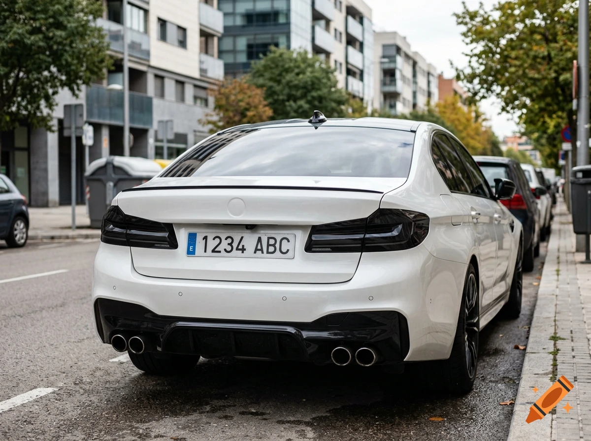 Rear view of a white car parked on a city street.