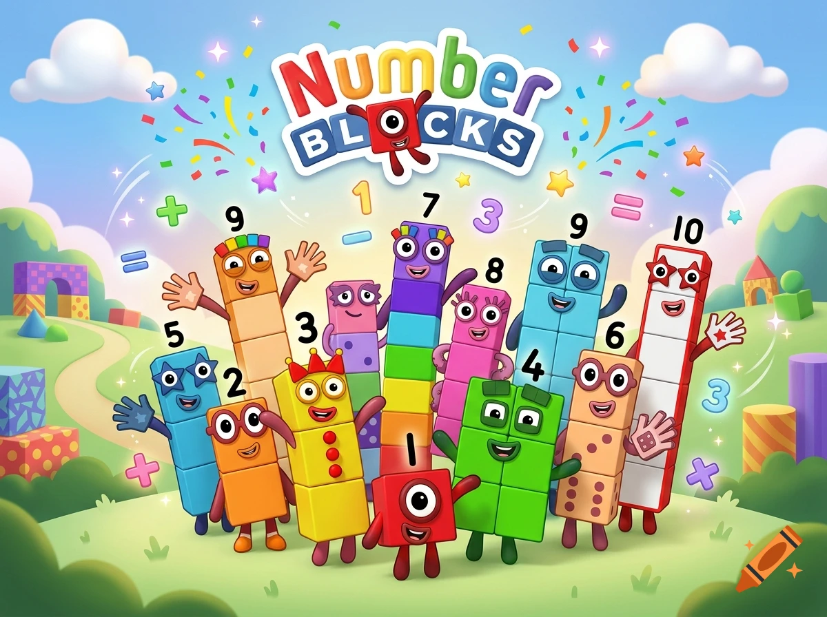 Colorful 3D Numberblocks characters smiling and posing together in a sunny landscape with number and math symbols.