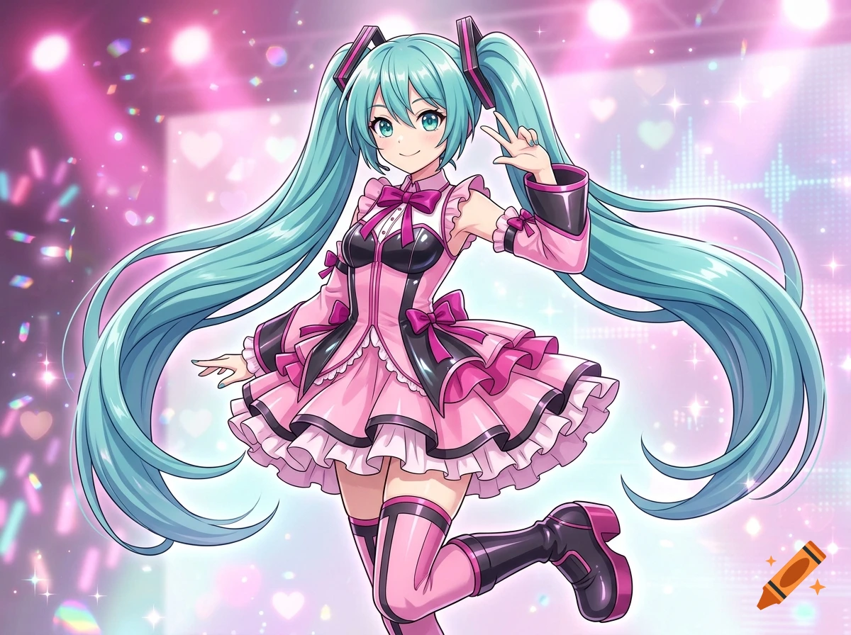 Anime illustration of Hatsune Miku in a pink and black stage outfit, striking a playful pose on a glowing stage.