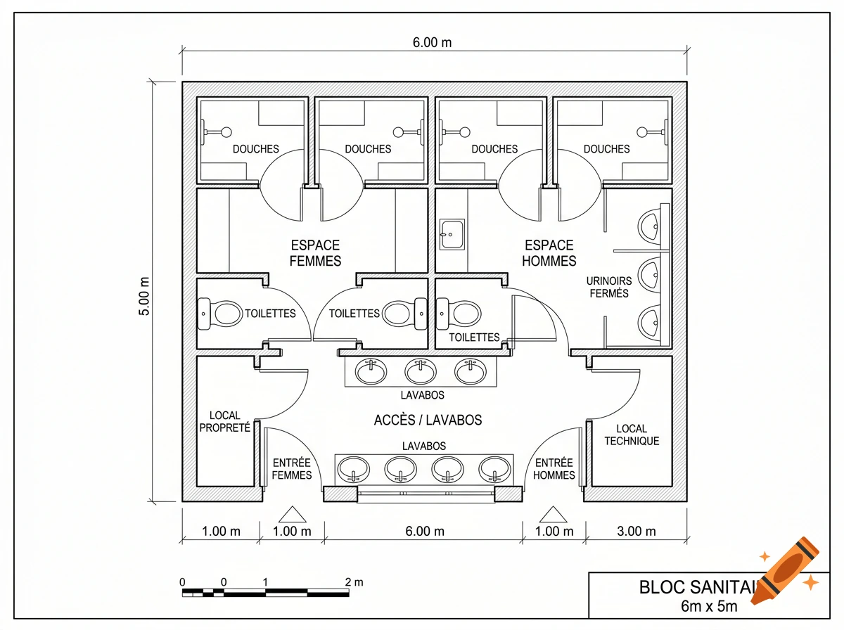 Architectural 2D floor plan of a 6mx5m sanitary block with men's and women's sections, showers, and toilets.