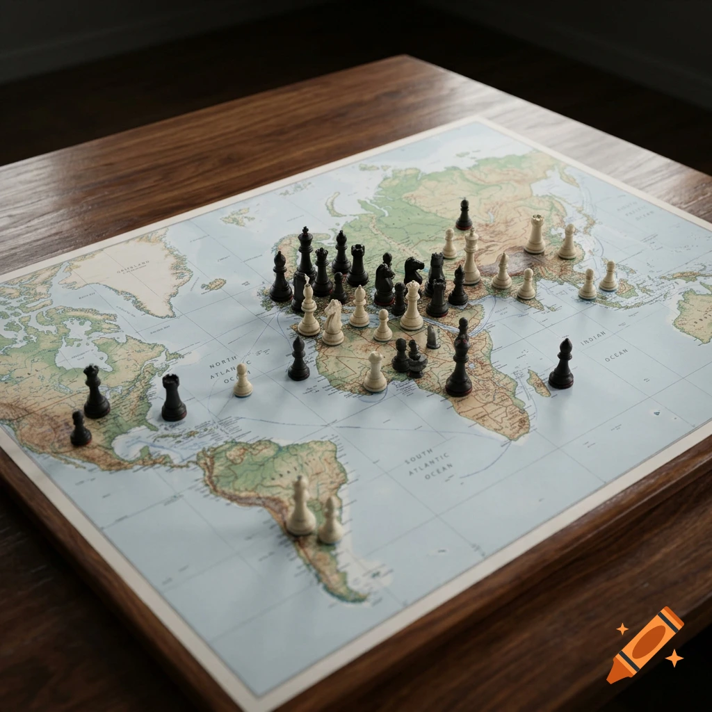 Photorealistic overhead view of a world map printed on paper, functioning as a chessboard with chess pieces placed across continents.