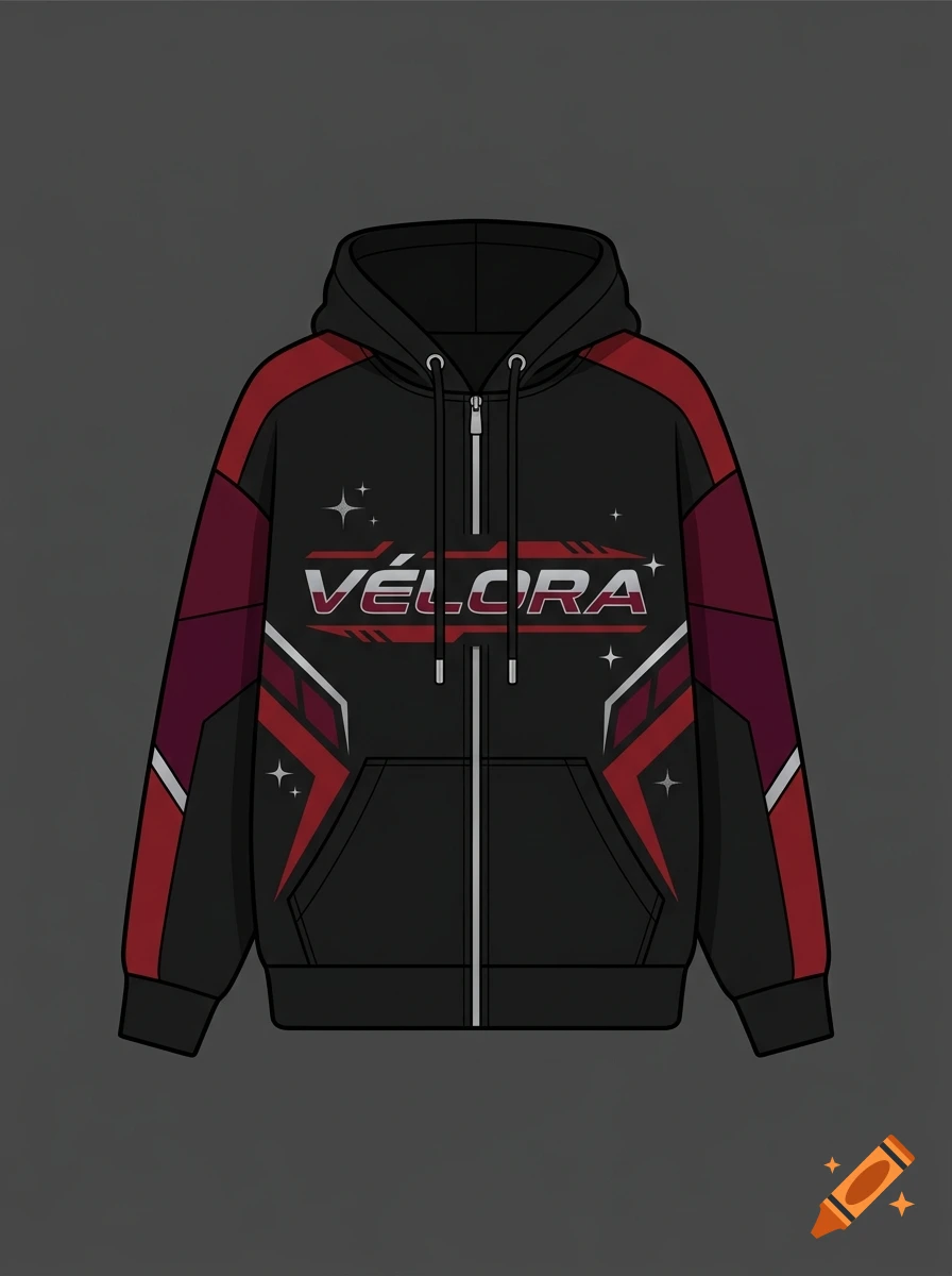 A black zip-up hoodie with dark red panels, silver zipper, and the word VÉLORA on the chest.