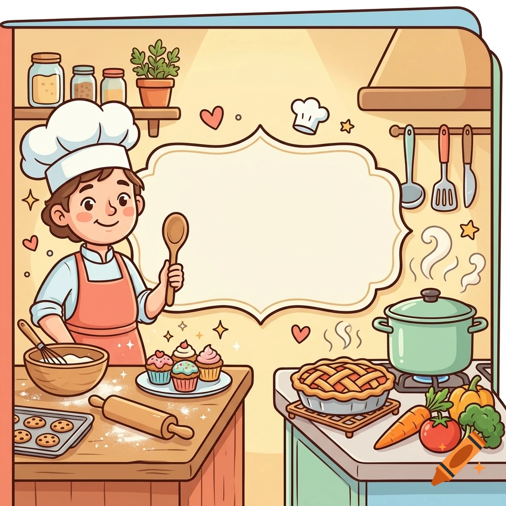 Cute cartoon chef in a kitchen surrounded by baking ingredients and utensils, Disney style illustration.