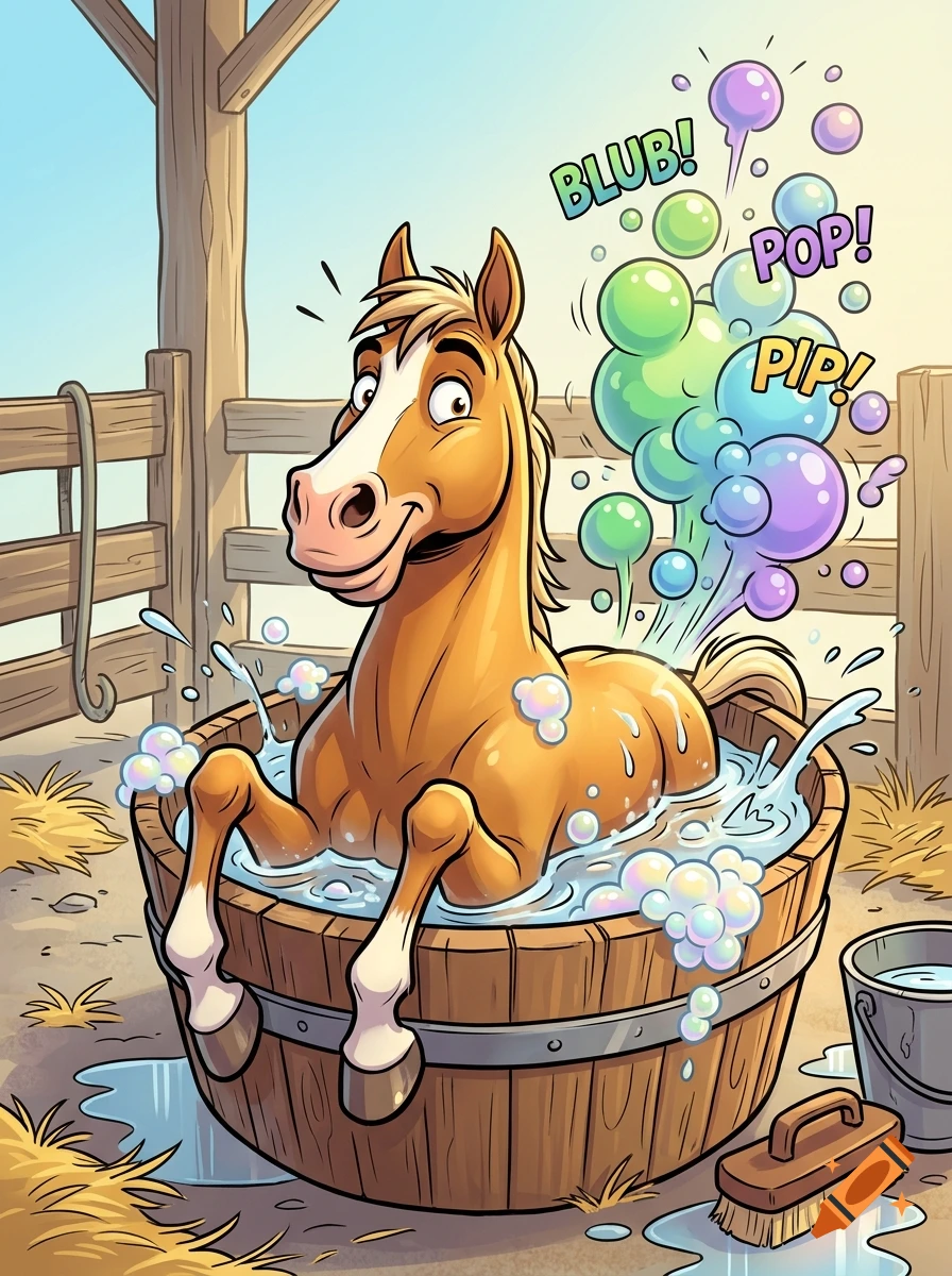 Comic illustration of a brown horse sitting in a wooden tub filled with water and soap bubbles, with colorful bubbles emerging from its rear, in a stable.
