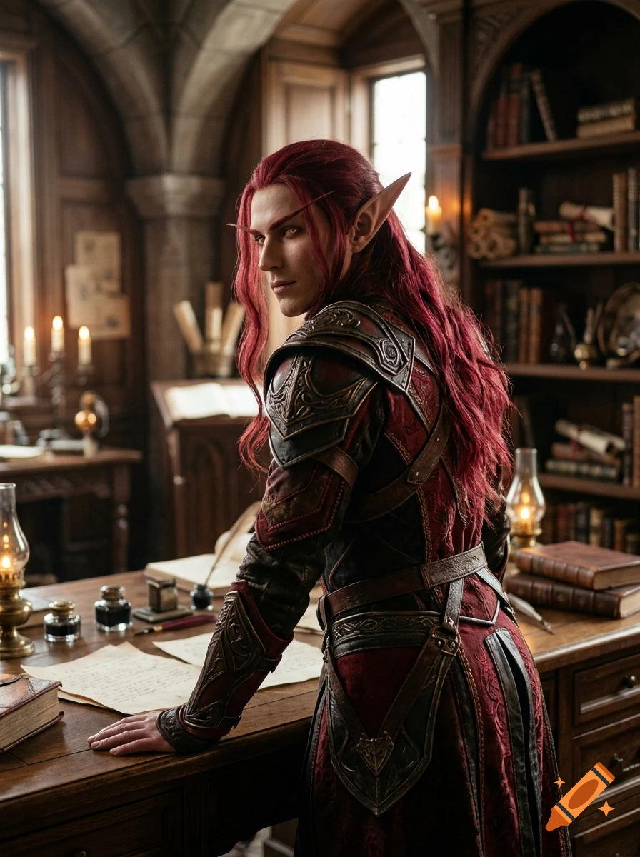 Photorealistic portrait of a male blood elf with red hair and pointed ears, looking back while leaning on a wooden desk in a library.