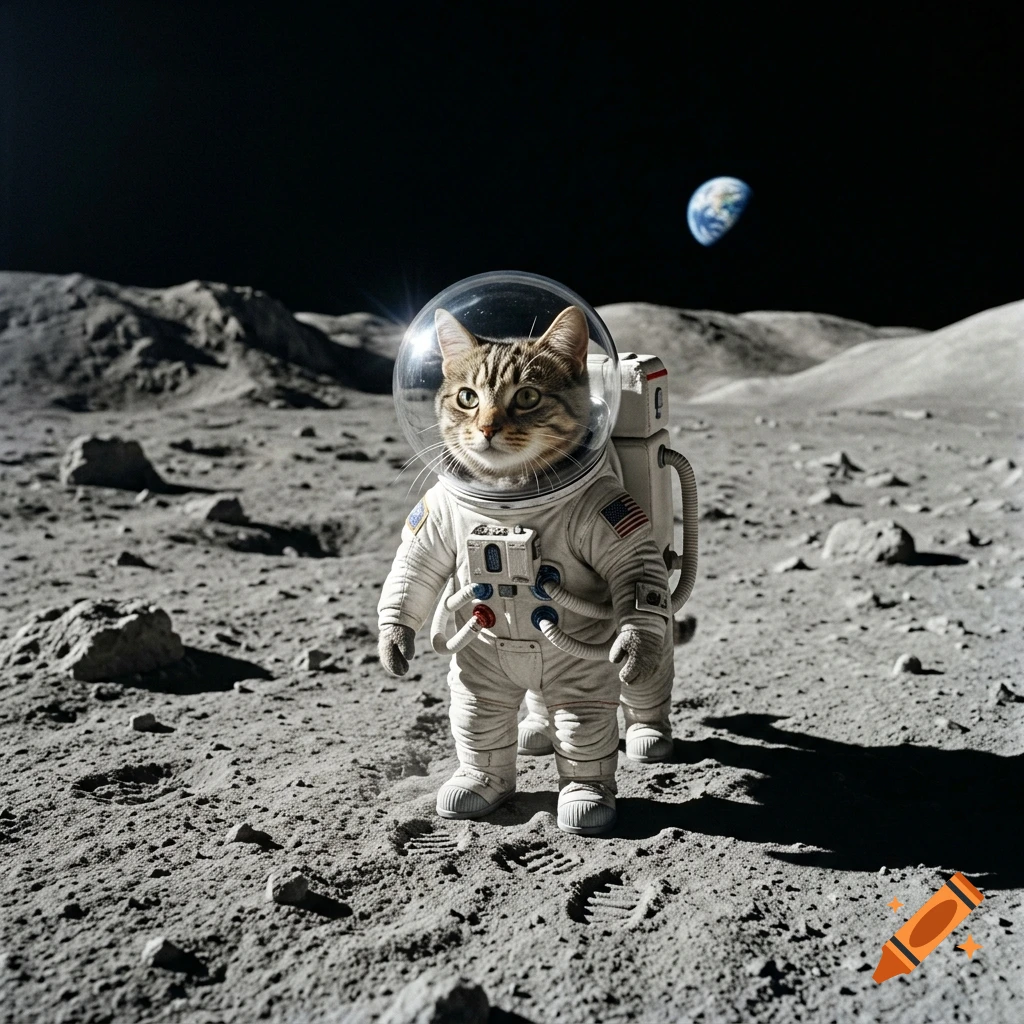 Photorealistic image of a tabby cat in a space suit standing on the moon's surface, with Earth visible in the black sky.