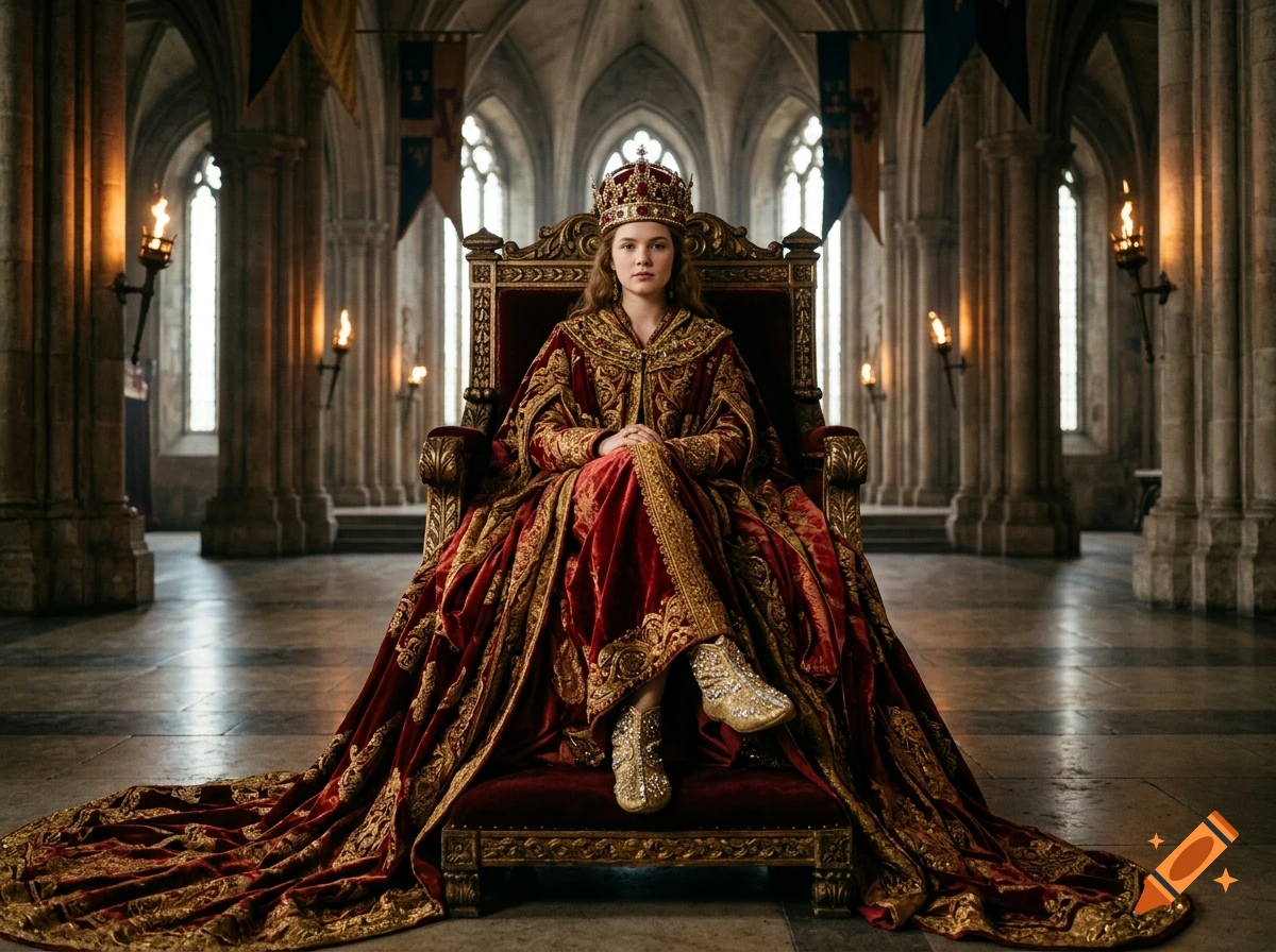 A young queen wearing an ornate crown and red and gold royal robes sits regally on a grand throne inside a large stone hall.