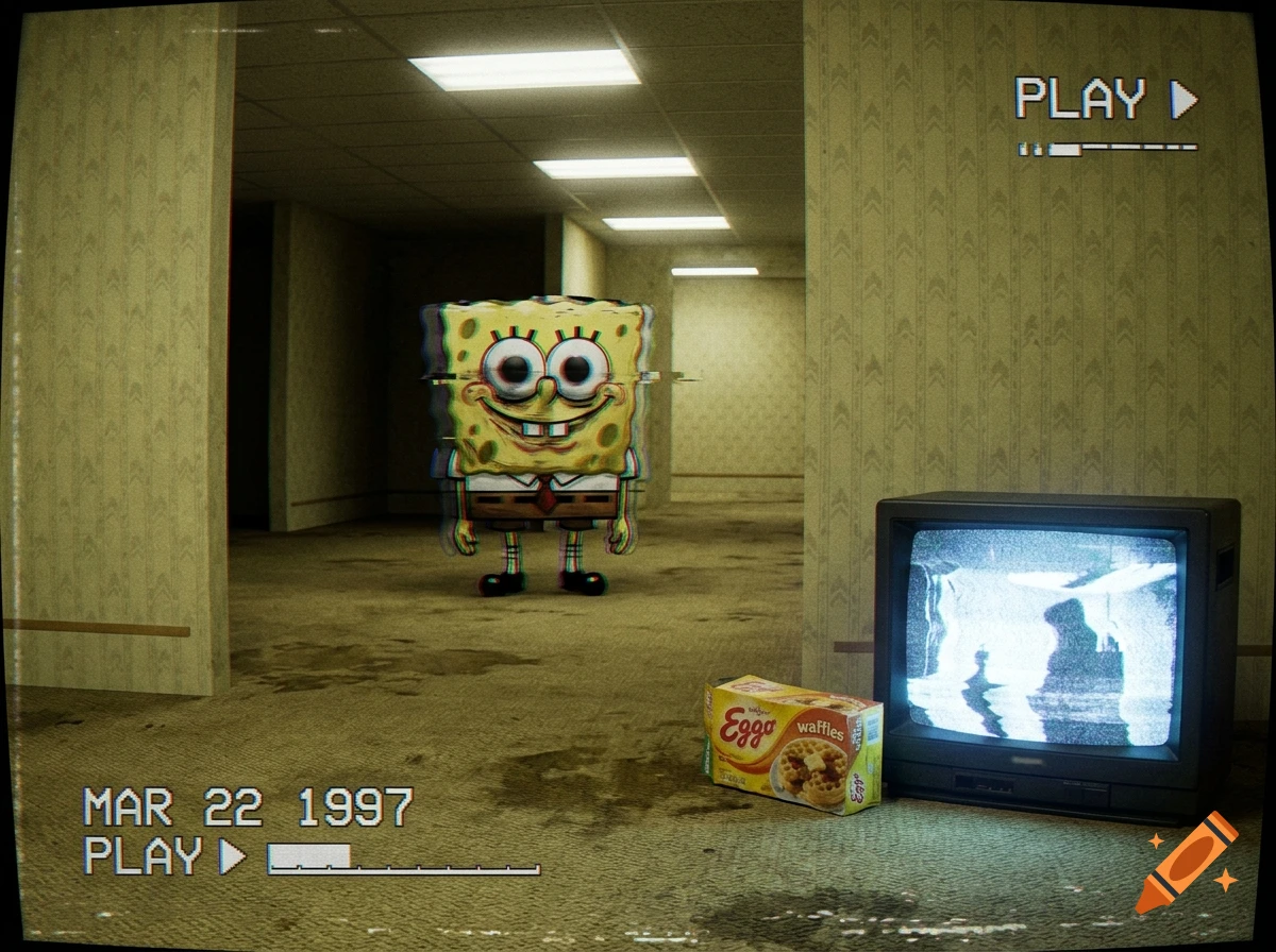 An analog horror style image of SpongeBob SquarePants standing in the backrooms, with an Eggo waffles box and an old TV on the floor.