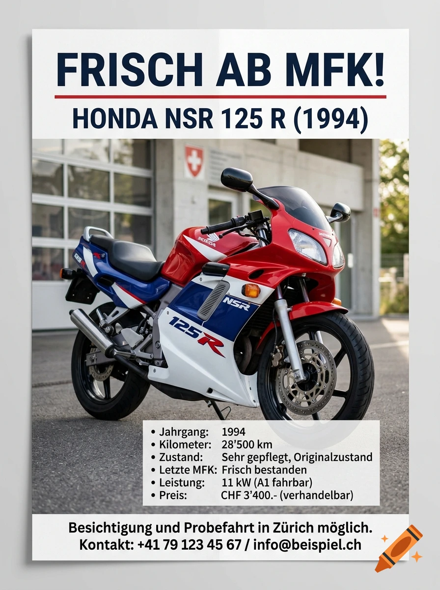 Sales poster for a 1994 Honda NSR 125 R motorcycle with specifications and contact info.