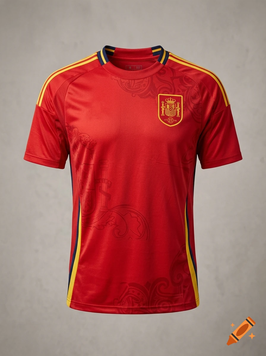 Photorealistic red Spanish national football team jersey with gold accents and crest on a neutral grey background.