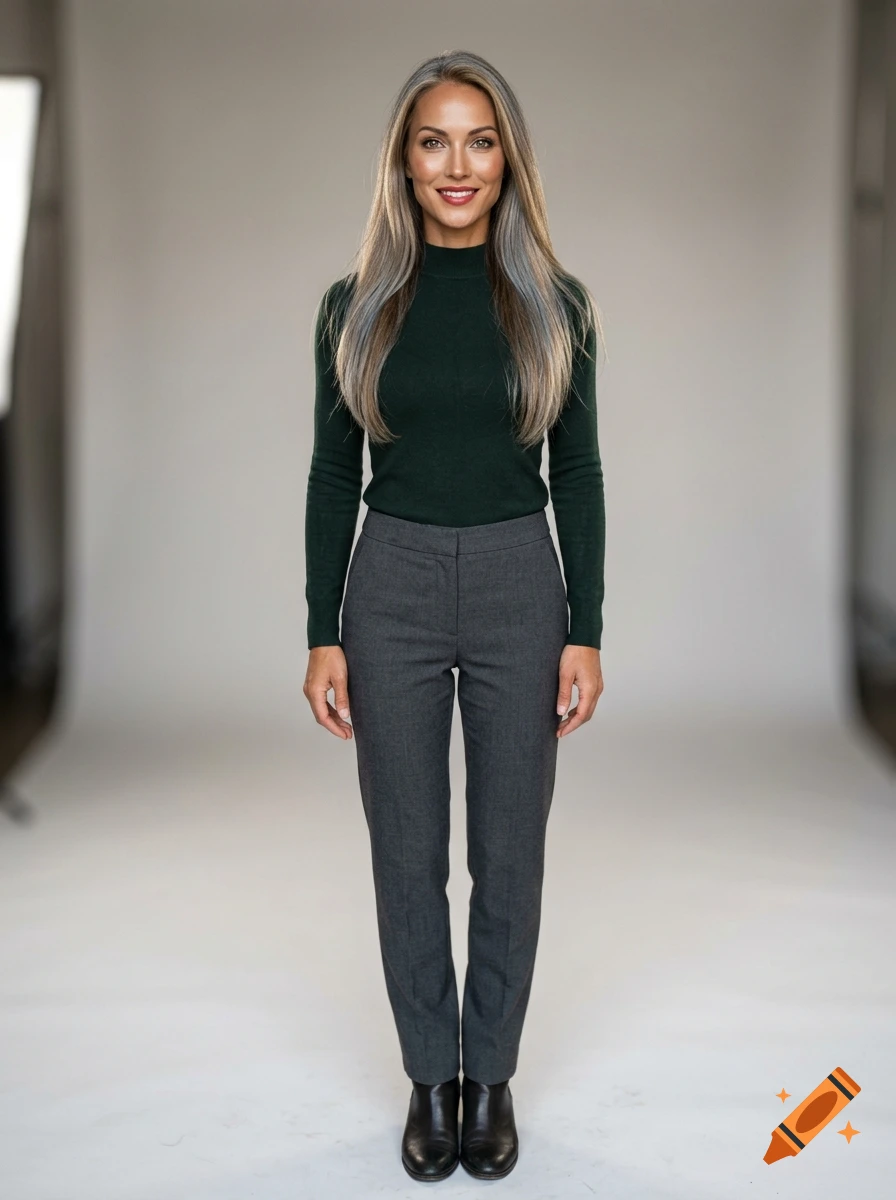Full-body studio portrait of a woman with long grey-streaked hair wearing a dark green turtleneck and grey trousers.
