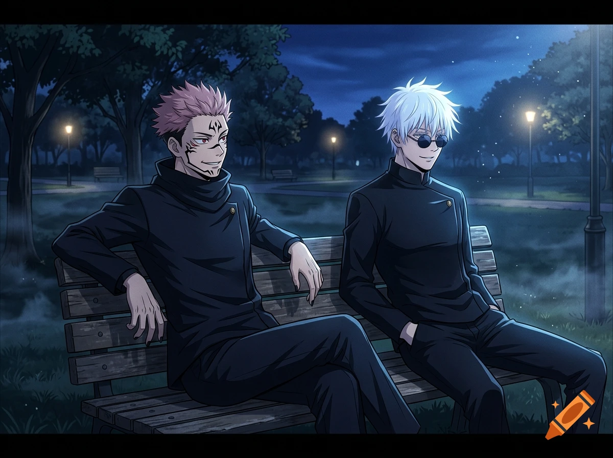 Two male characters in dark uniforms sitting on a park bench at night