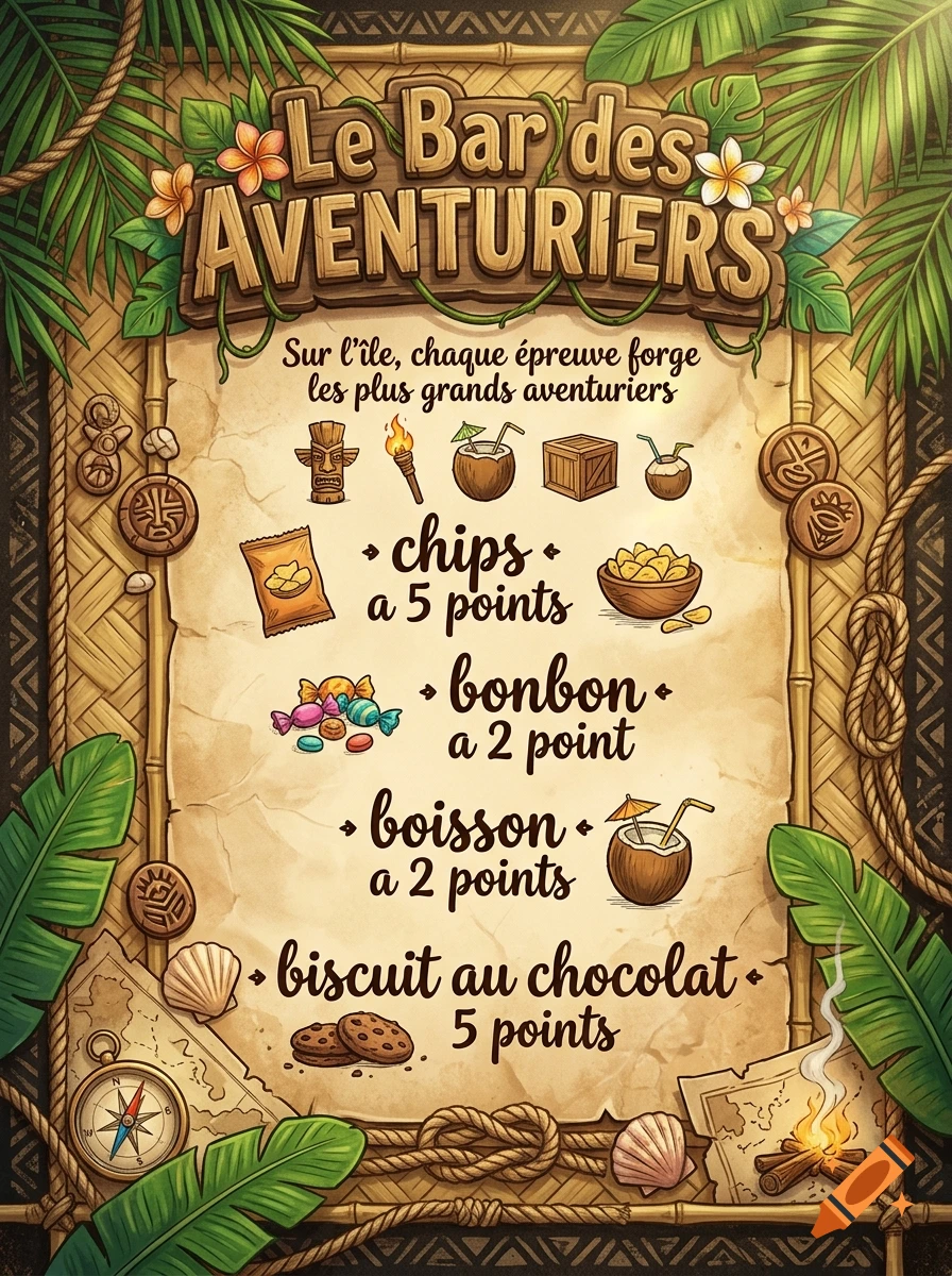 An illustrated tropical island themed menu board with carved wooden title and food items in French, digital art style.
