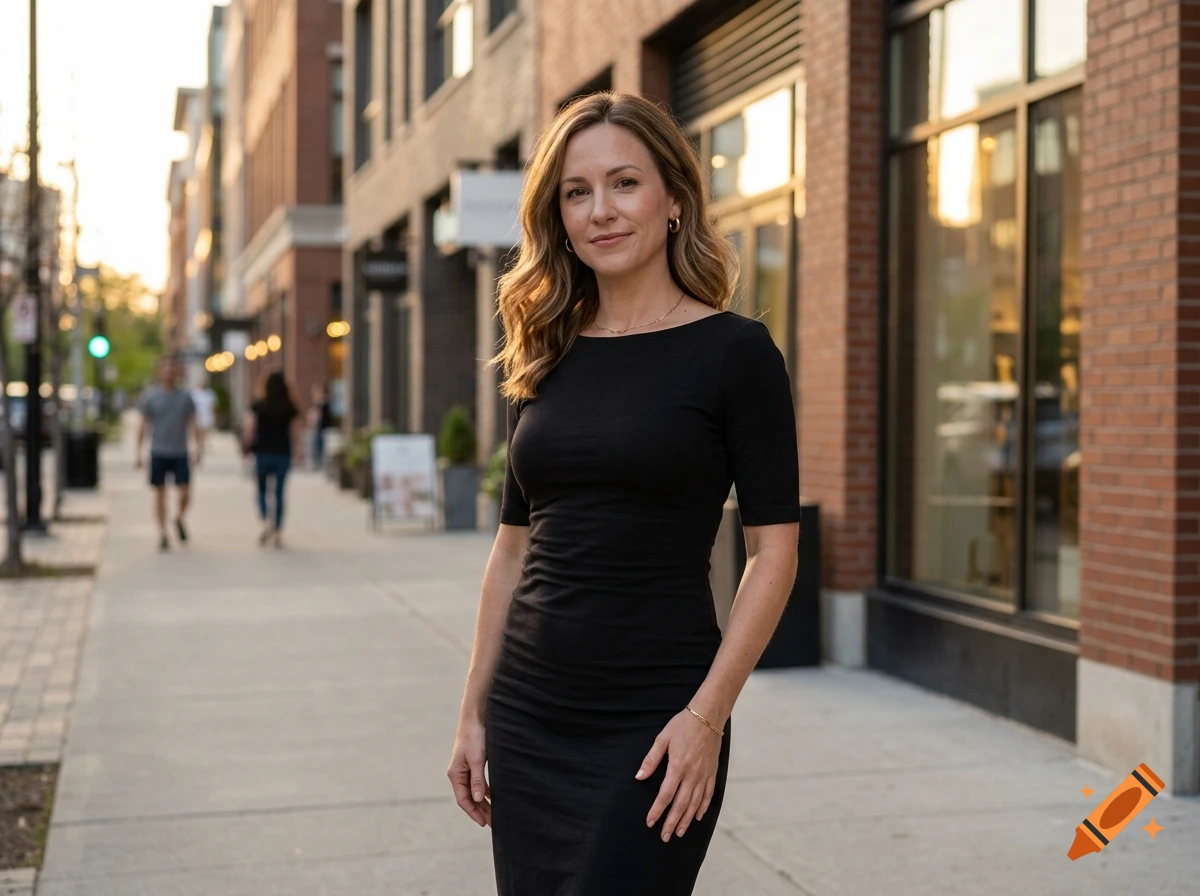 A woman with blonde hair wearing a black dress standing on a city sidewalk.