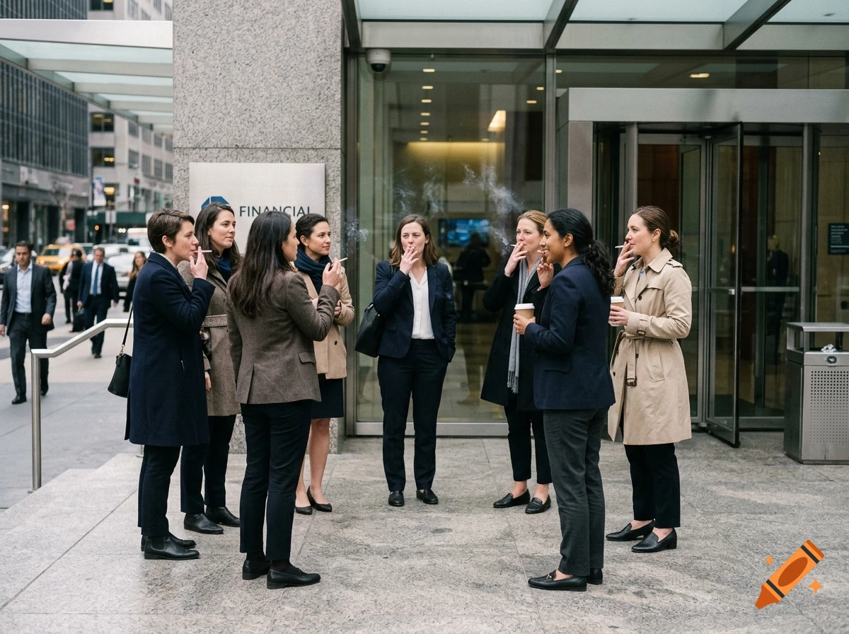 A group of women in business attire smoking and talking outside a modern building.
