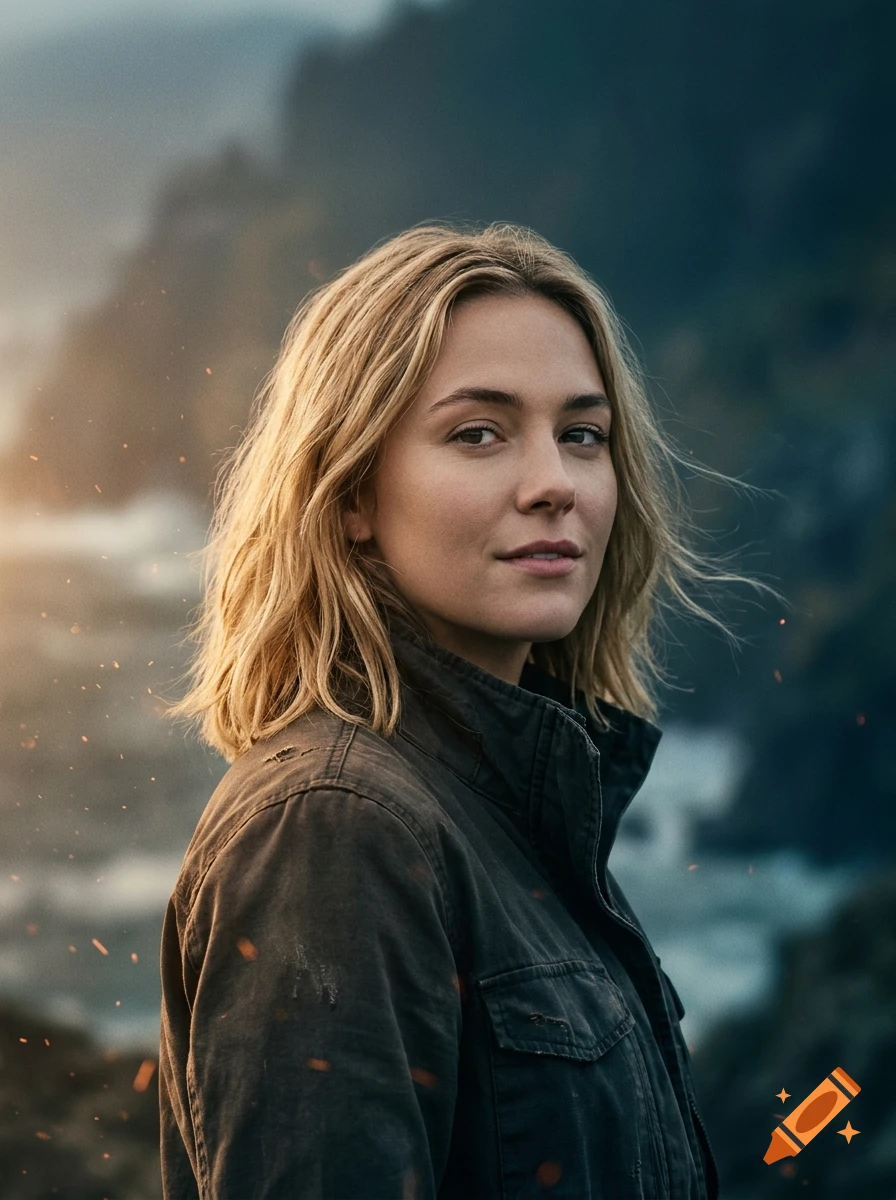 Photorealistic portrait of a young woman with short blonde hair wearing a dark jacket against a blurred coastal backdrop with scattered glowing embers.