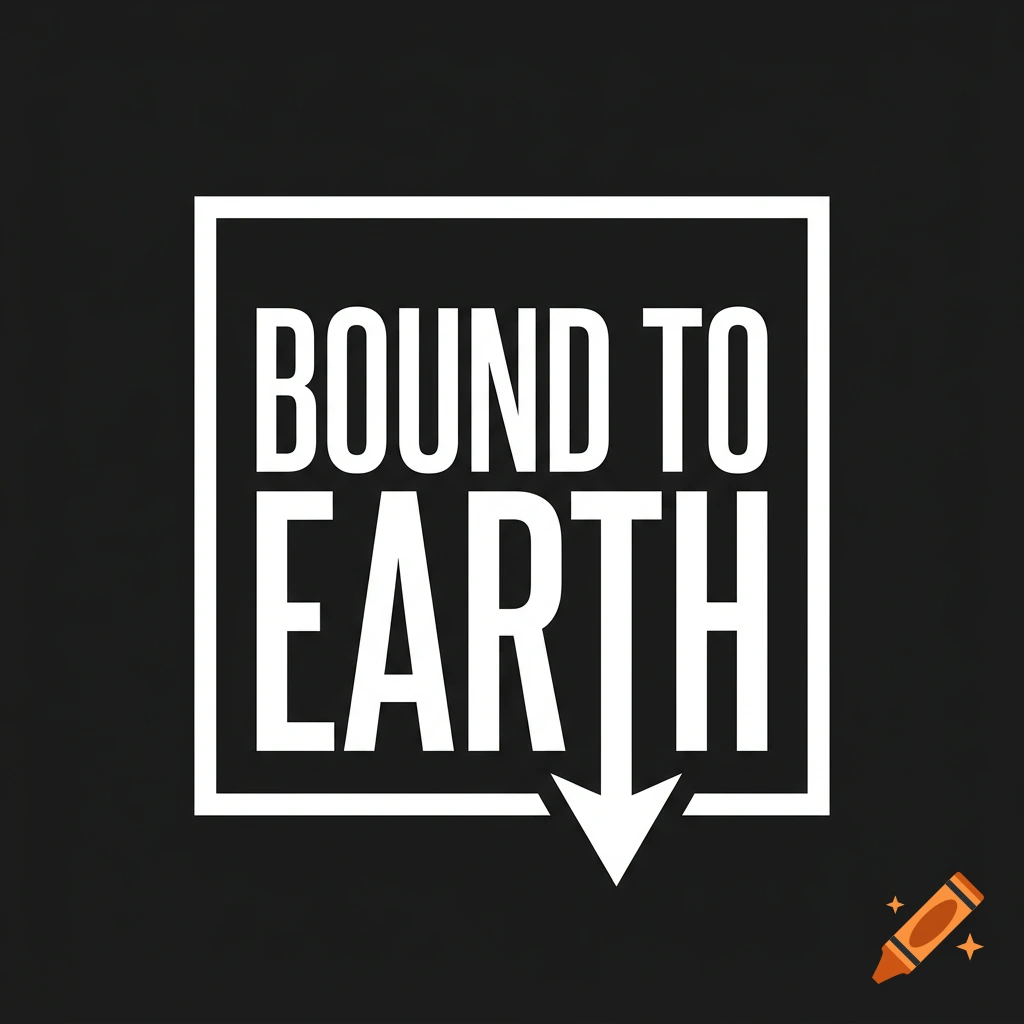 Minimalist metalcore band logo featuring the text BOUND TO EARTH in white geometric sans-serif font inside a square frame with a downward arrow on a black background.