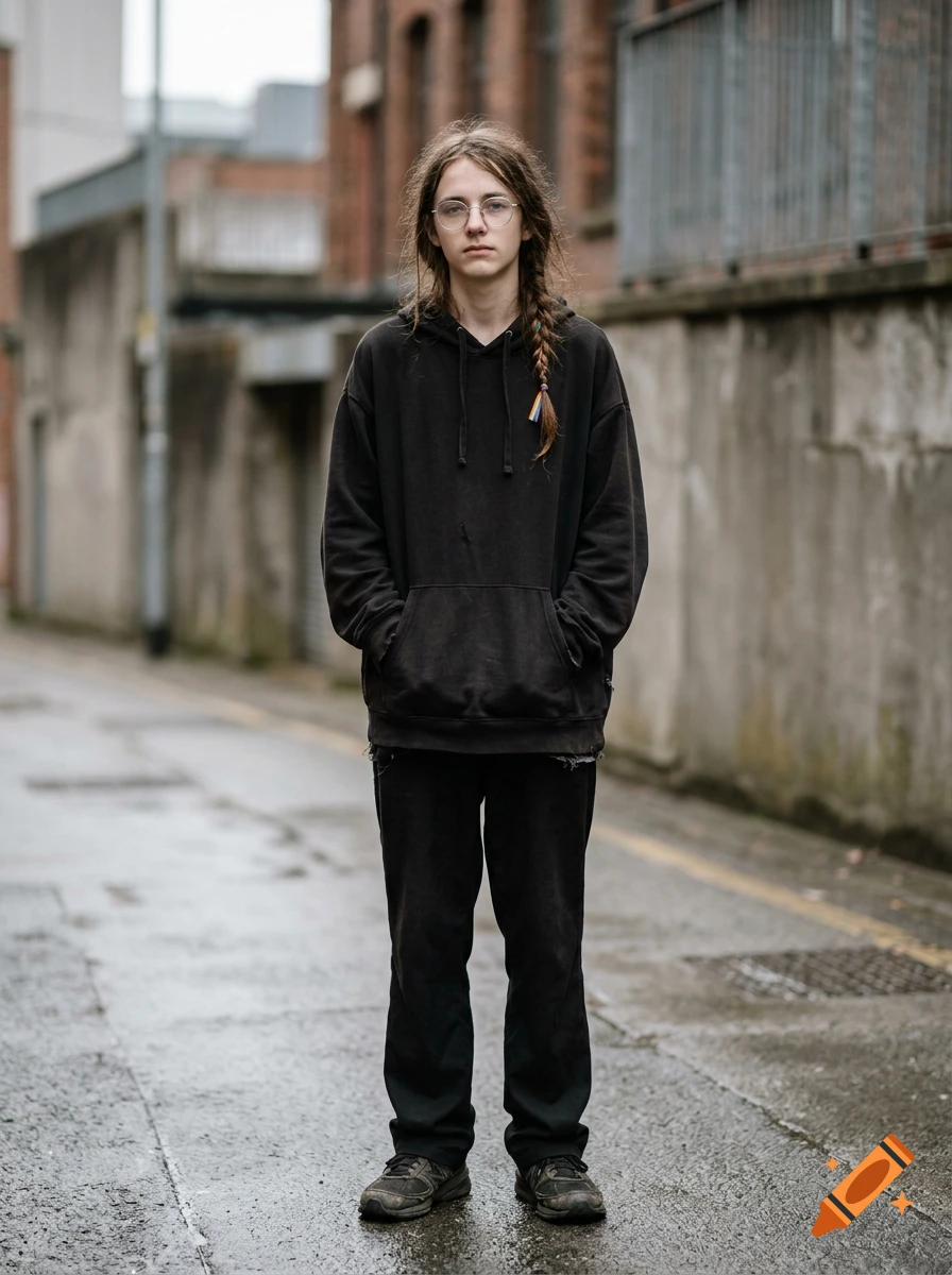 A full-length portrait of a person with long braided hair and glasses wearing a black hoodie and pants, standing in an urban alleyway.