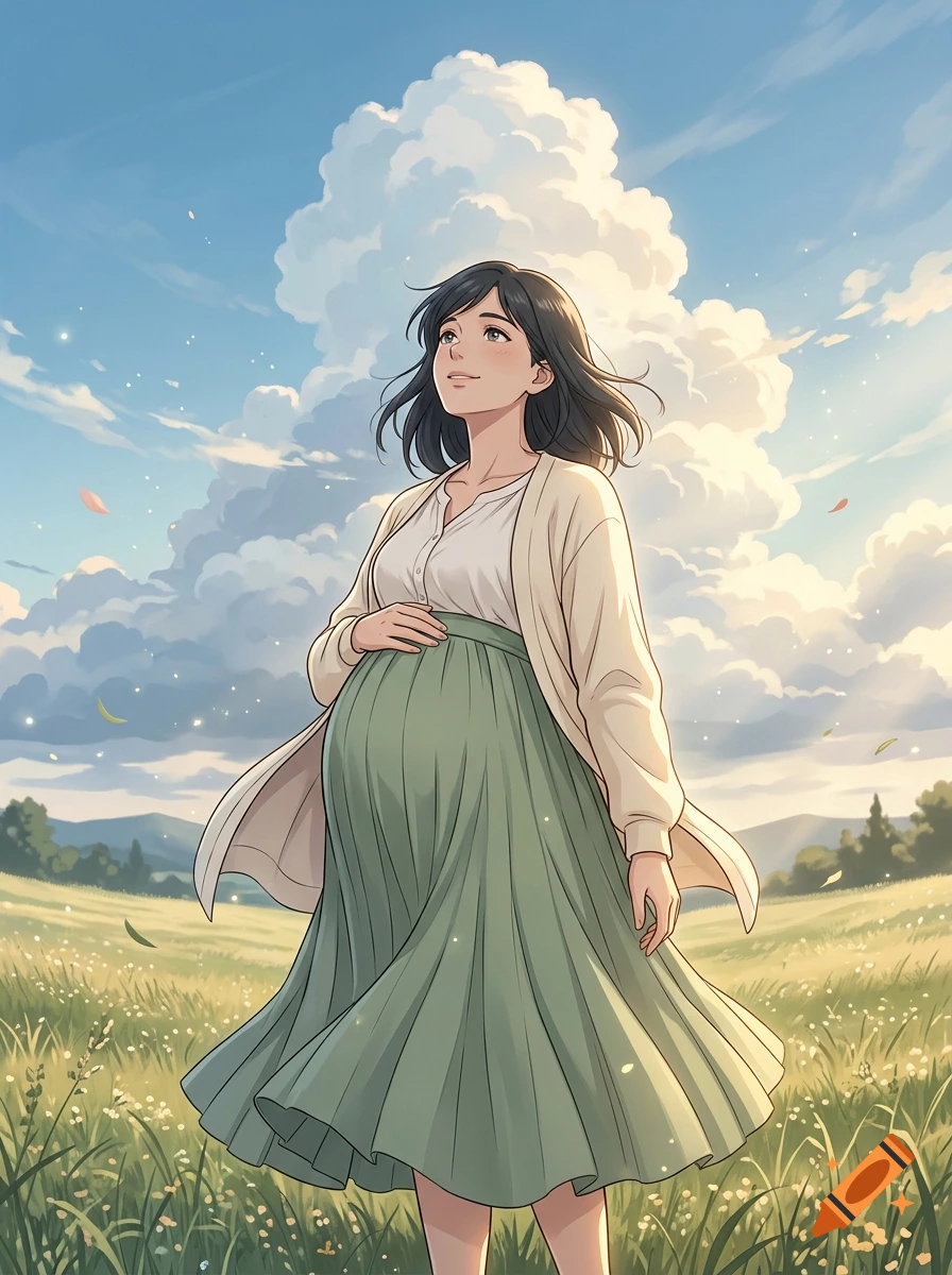 Anime style illustration of a pregnant woman in a green skirt and cardigan standing in a grassy field looking up at a large cloud.