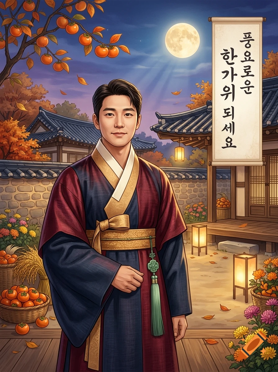 An illustration of a smiling man in traditional Korean hanbok standing in a courtyard during Chuseok, with persimmon trees, a full moon, and a scroll with Korean text.