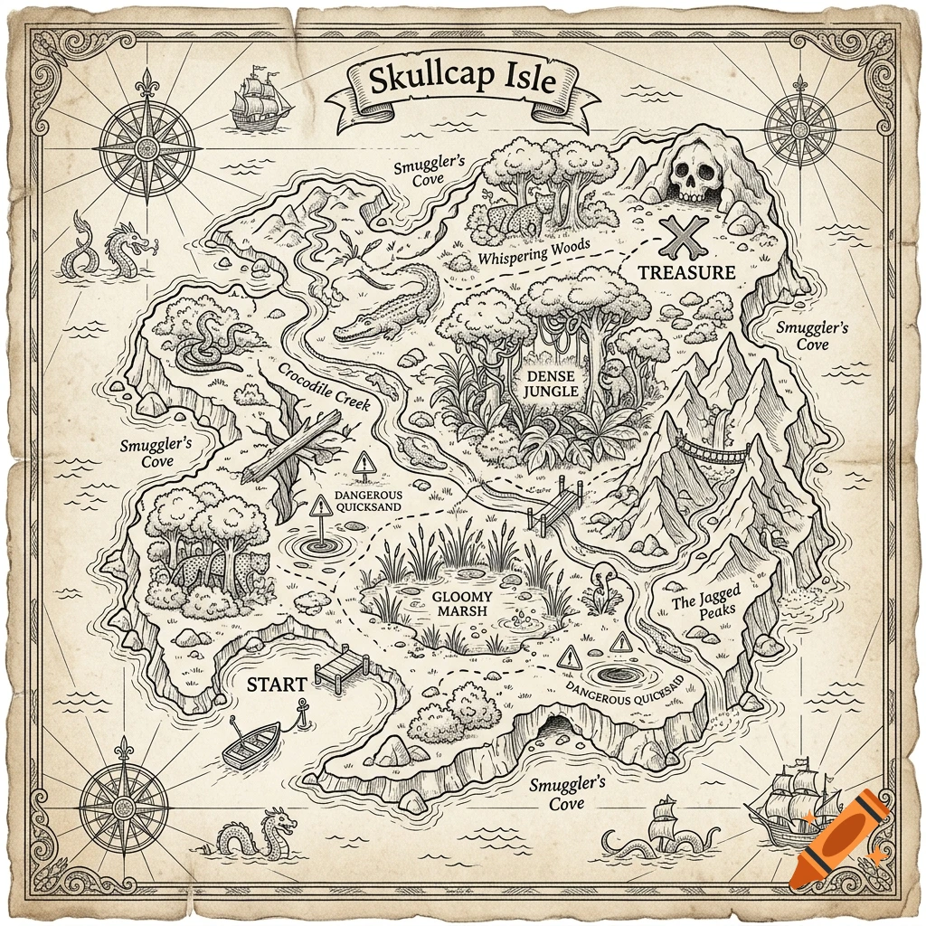 Detailed black and white treasure map of Skullcap Isle with jungle, marsh, and mountains, in a hand-drawn style.