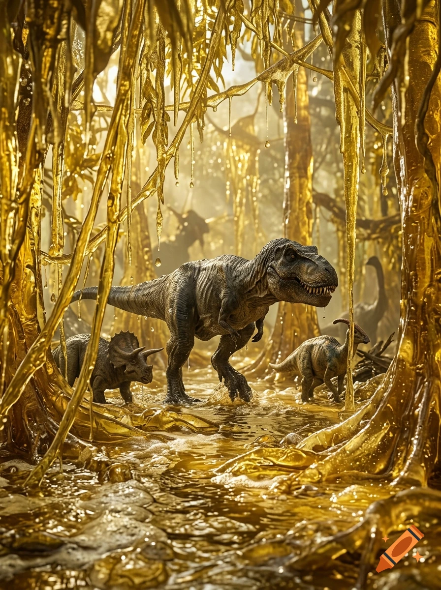 A T-rex and other dinosaurs in a vibrant golden jungle with tree roots and foliage resembling amber or resin.