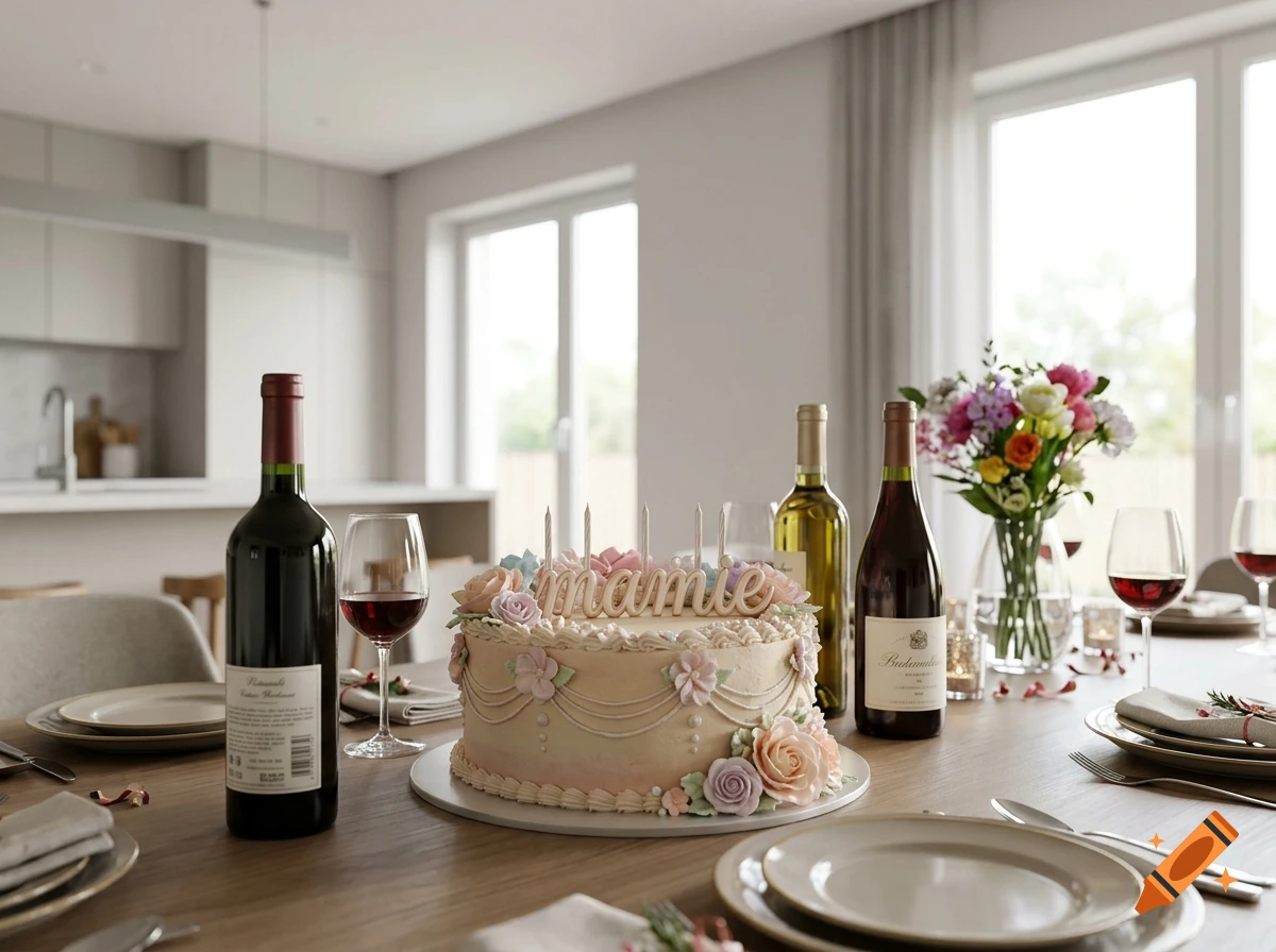 Photorealistic dining table set for a birthday with a decorated cake featuring the word mamie, wine bottles, and glasses in a modern kitchen.