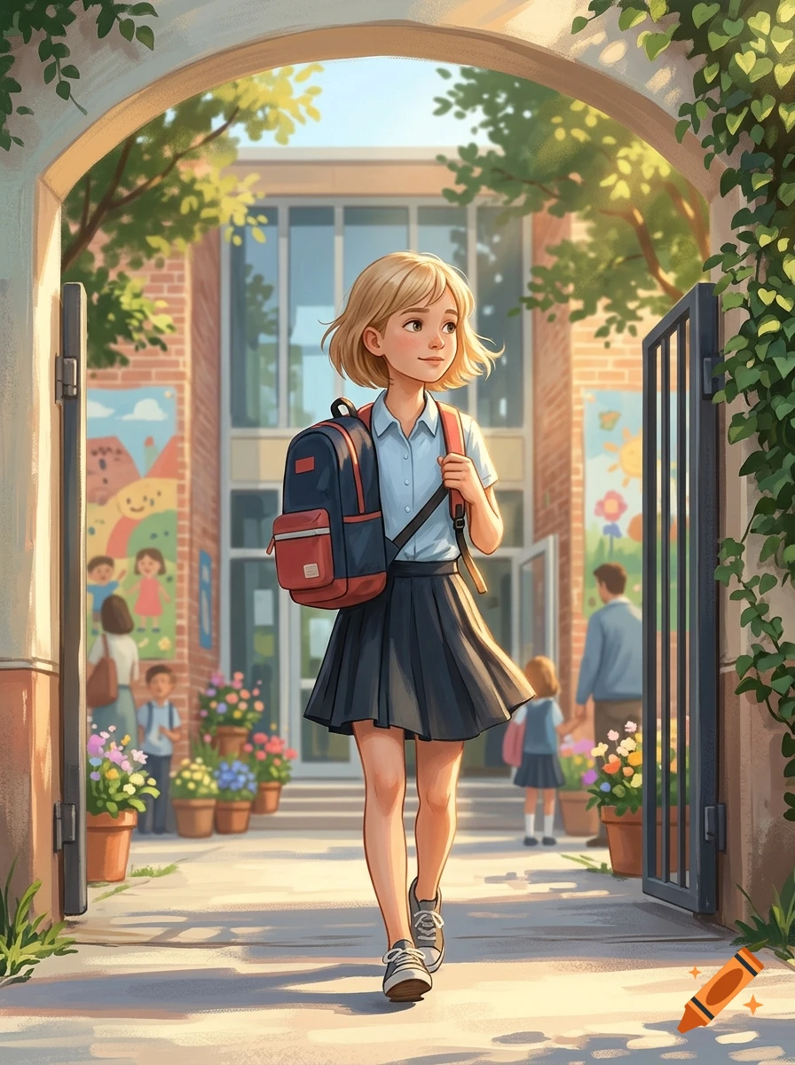 An anime-style illustration of a young blonde girl walking through a school gate with a backpack, entering the school yard.