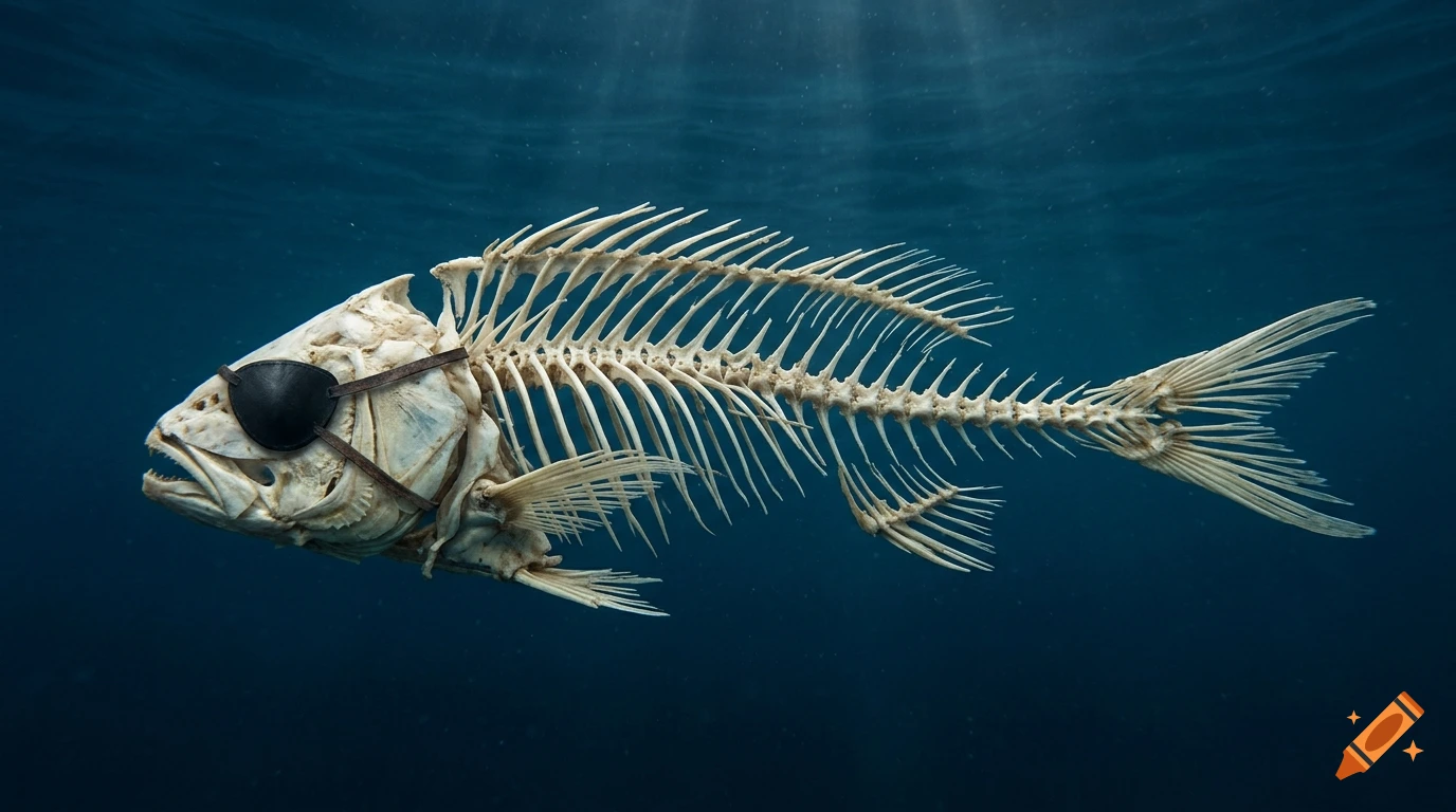 Photorealistic fish skeleton wearing a black pirate eye patch, floating underwater in the deep ocean.