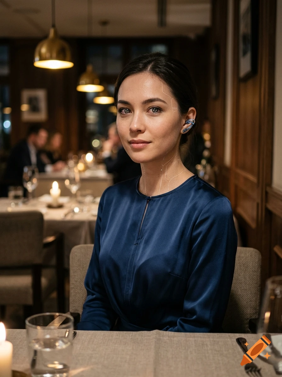 Photorealistic portrait of a woman with subtle cybernetic facial lines sitting in a dimly lit restaurant.