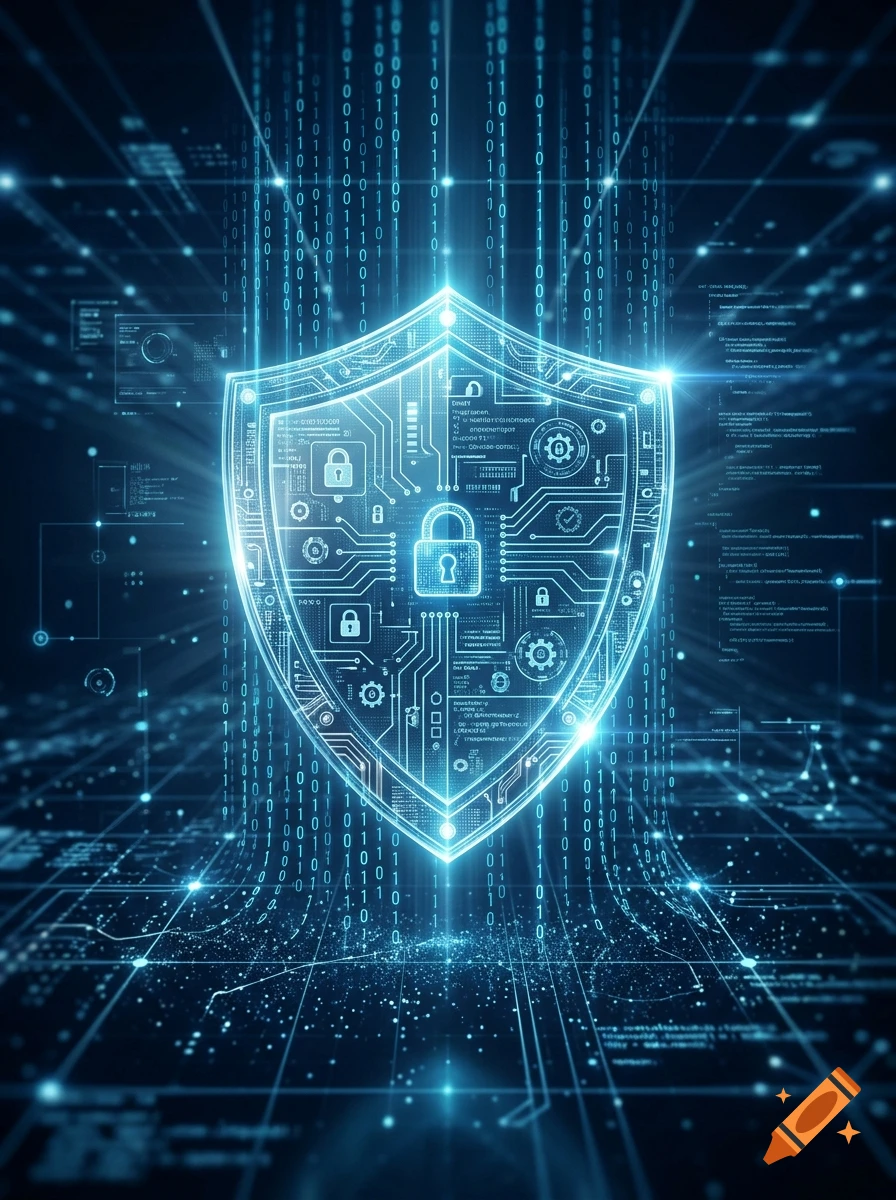 Glowing blue cyber security shield with lock icon and binary code background.
