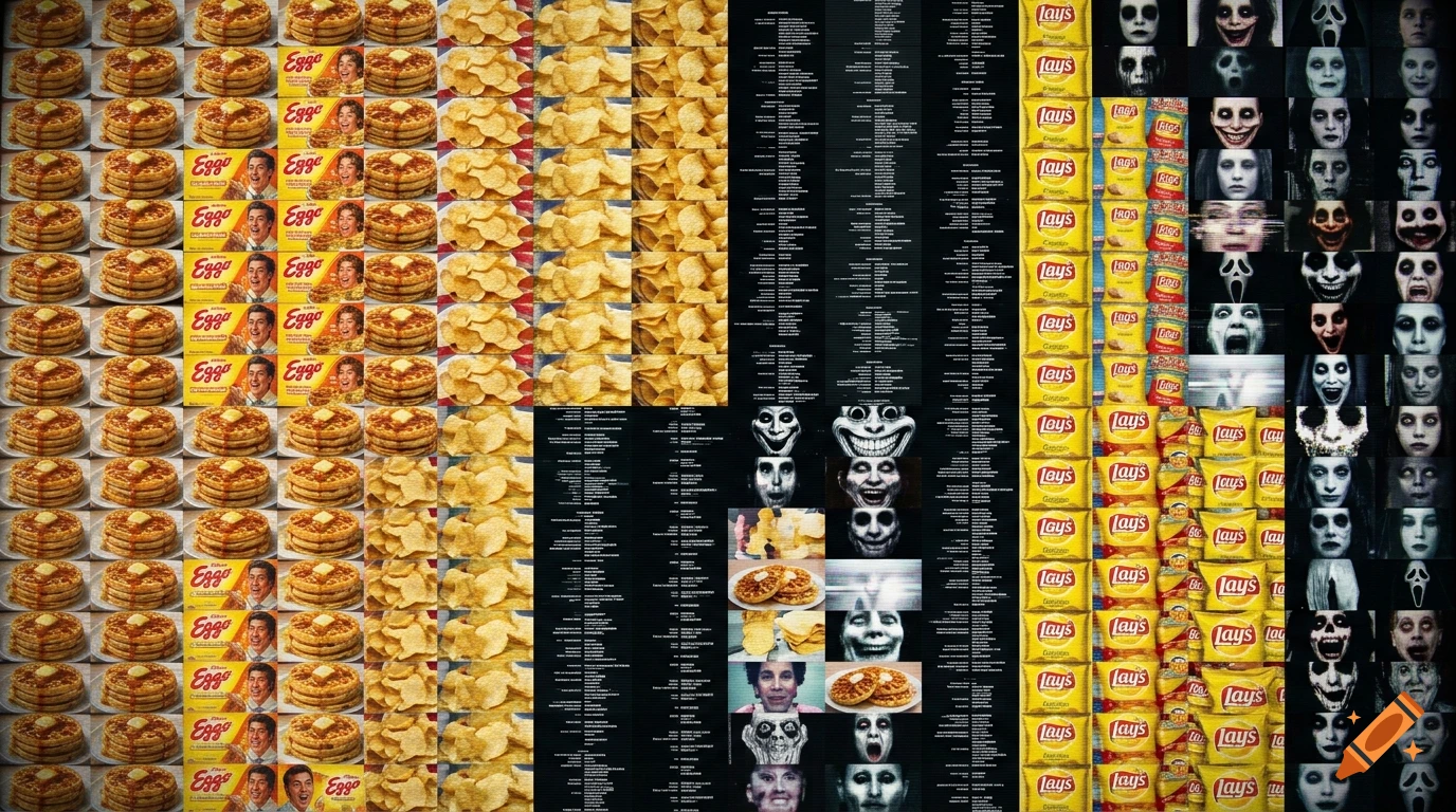 A collage grid of Eggo waffles commercials, Lay's chips, end credits, and scary creepy faces.