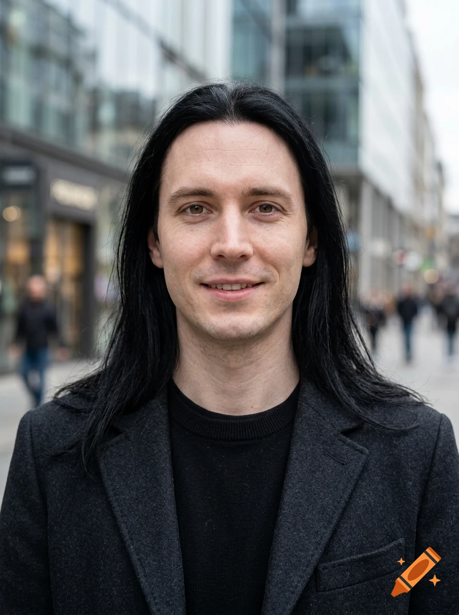 Photorealistic portrait of a young man with long black hair, fair skin, and hazel eyes, wearing a black coat in a city street.
