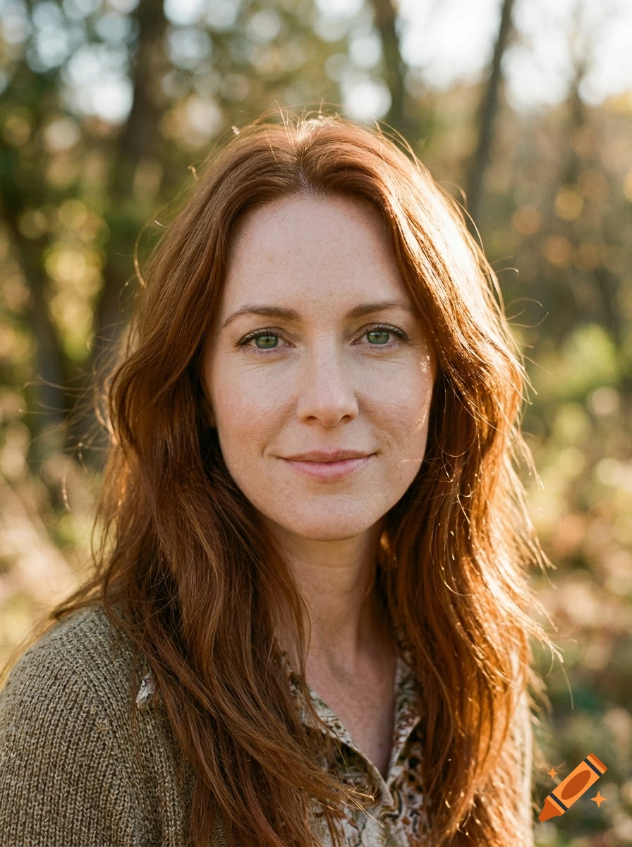 Vintage 35mm film portrait of a smiling woman with auburn hair and green eyes in a natural outdoor setting.